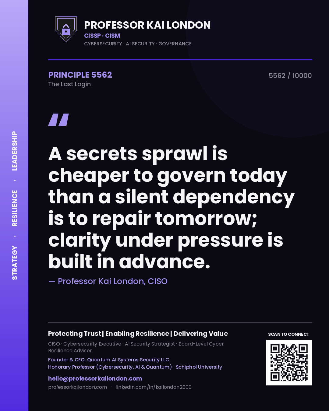 Quote card by Professor Kai London reading 'A secrets sprawl is cheaper to govern today than a silent dependency is to repair tomorrow; clarity under pressure is built in advance.'. From the book The Last Login.