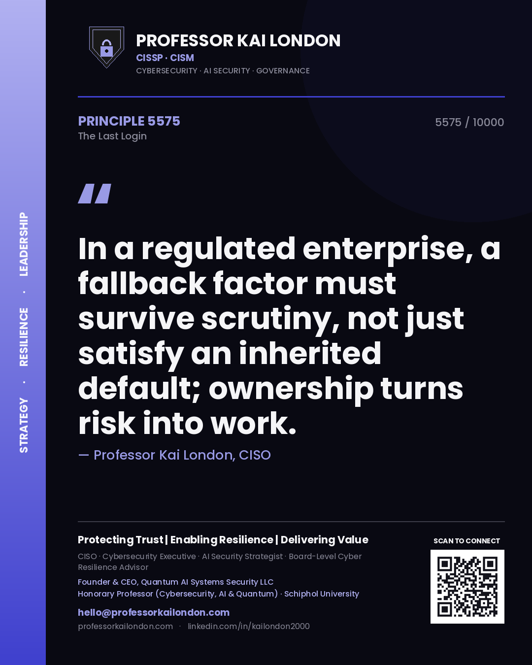 Quote card by Professor Kai London reading 'In a regulated enterprise, a fallback factor must survive scrutiny, not just satisfy an inherited default; ownership turns risk into work.'. From the book The Last Login.