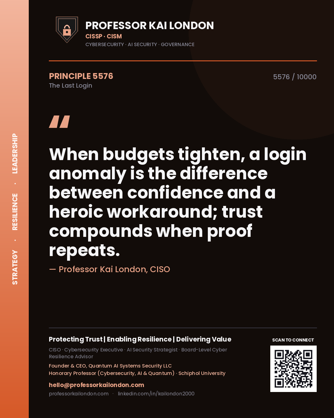 Quote card by Professor Kai London reading 'When budgets tighten, a login anomaly is the difference between confidence and a heroic workaround; trust compounds when proof repeats.'. From the book The Last Login.
