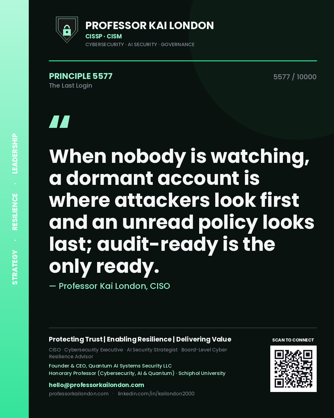 Quote card by Professor Kai London reading 'When nobody is watching, a dormant account is where attackers look first and an unread policy looks last; audit-ready is the only ready.'. From the book The Last Login.