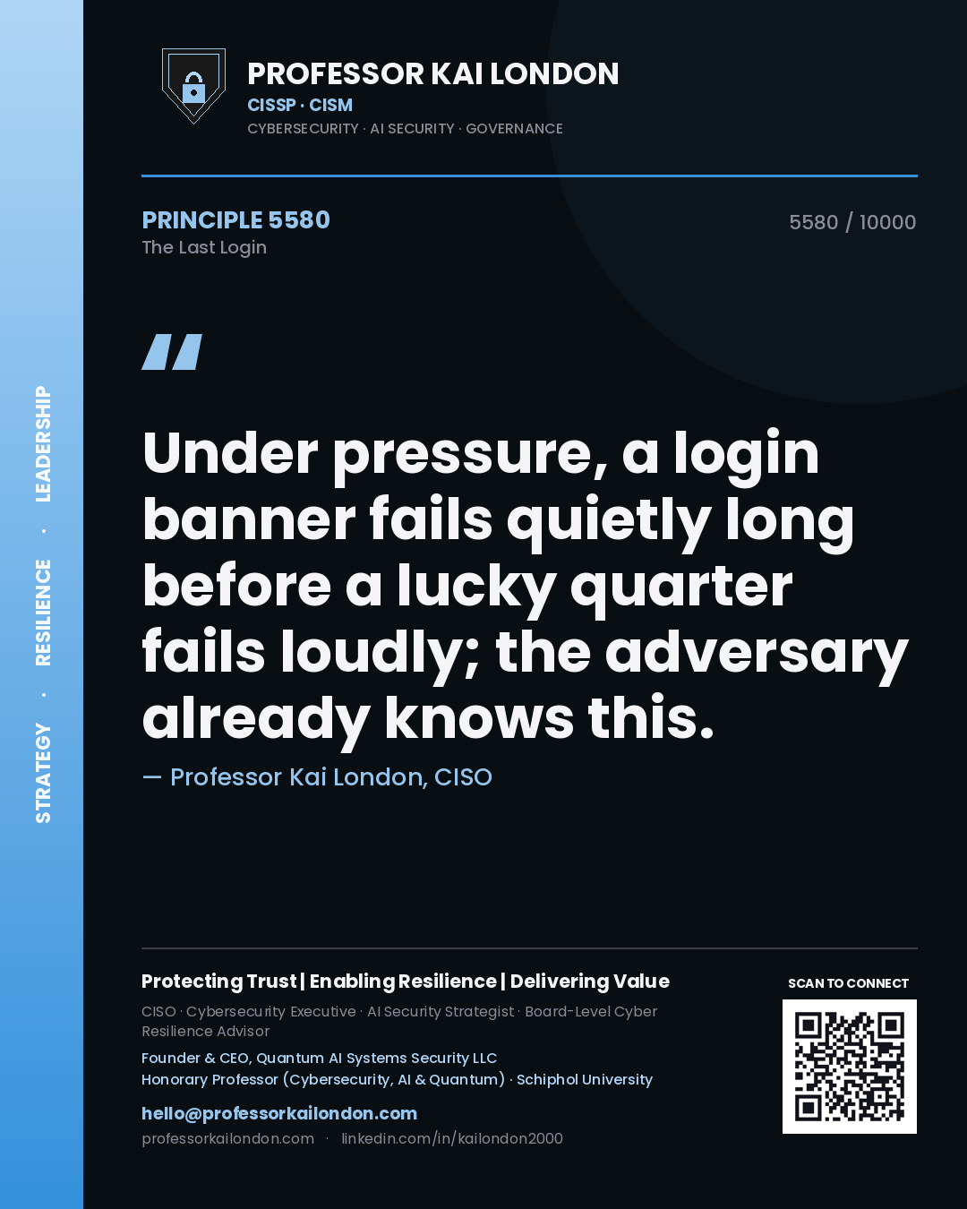 Professor Kai London principle 5580: Under pressure, a login banner fails quietly long before a lucky quarter fails loudly; the adversary already knows this.