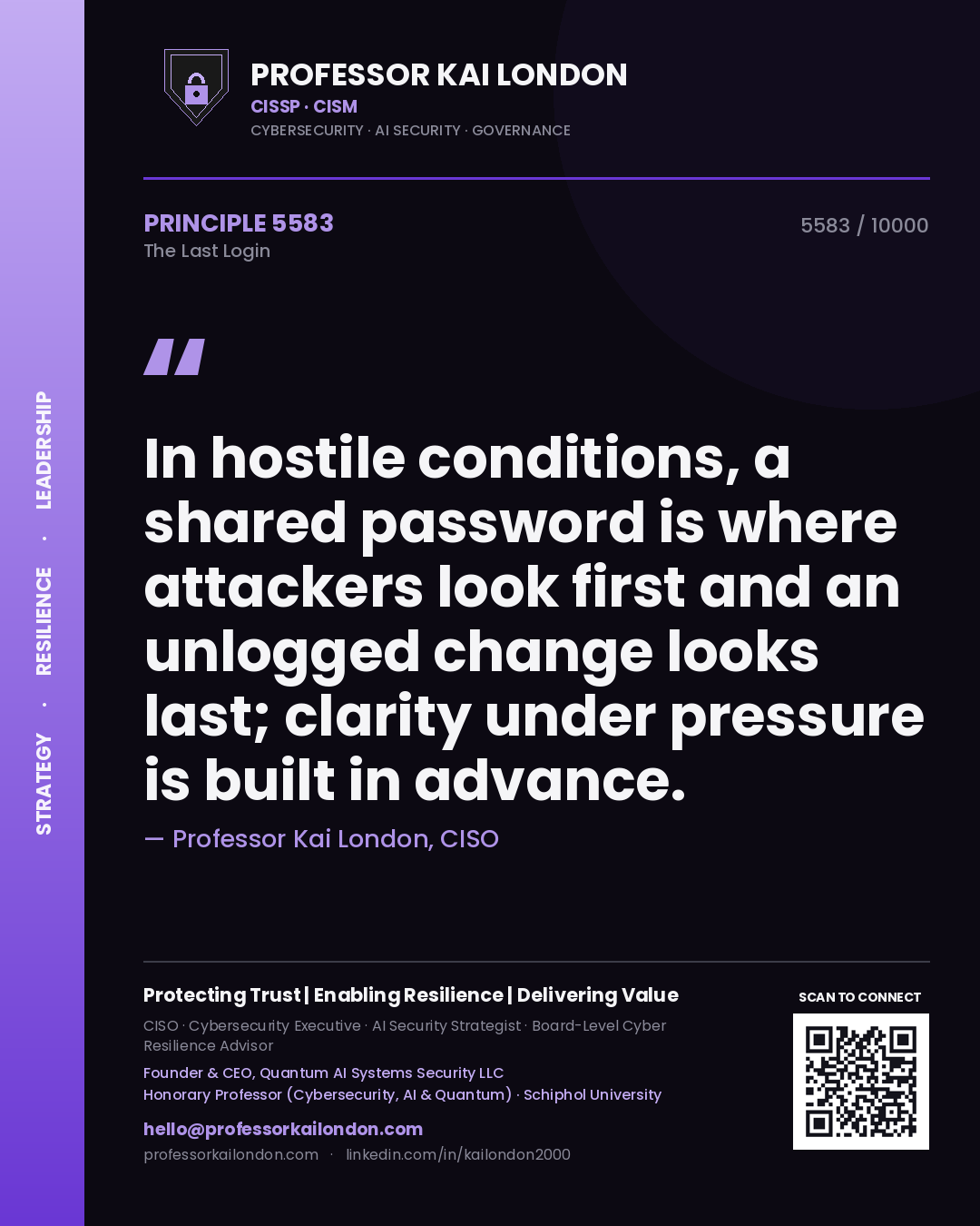Quote card by Professor Kai London reading 'In hostile conditions, a shared password is where attackers look first and an unlogged change looks last; clarity under pressure is built in advance.'. From the book The Last Login.