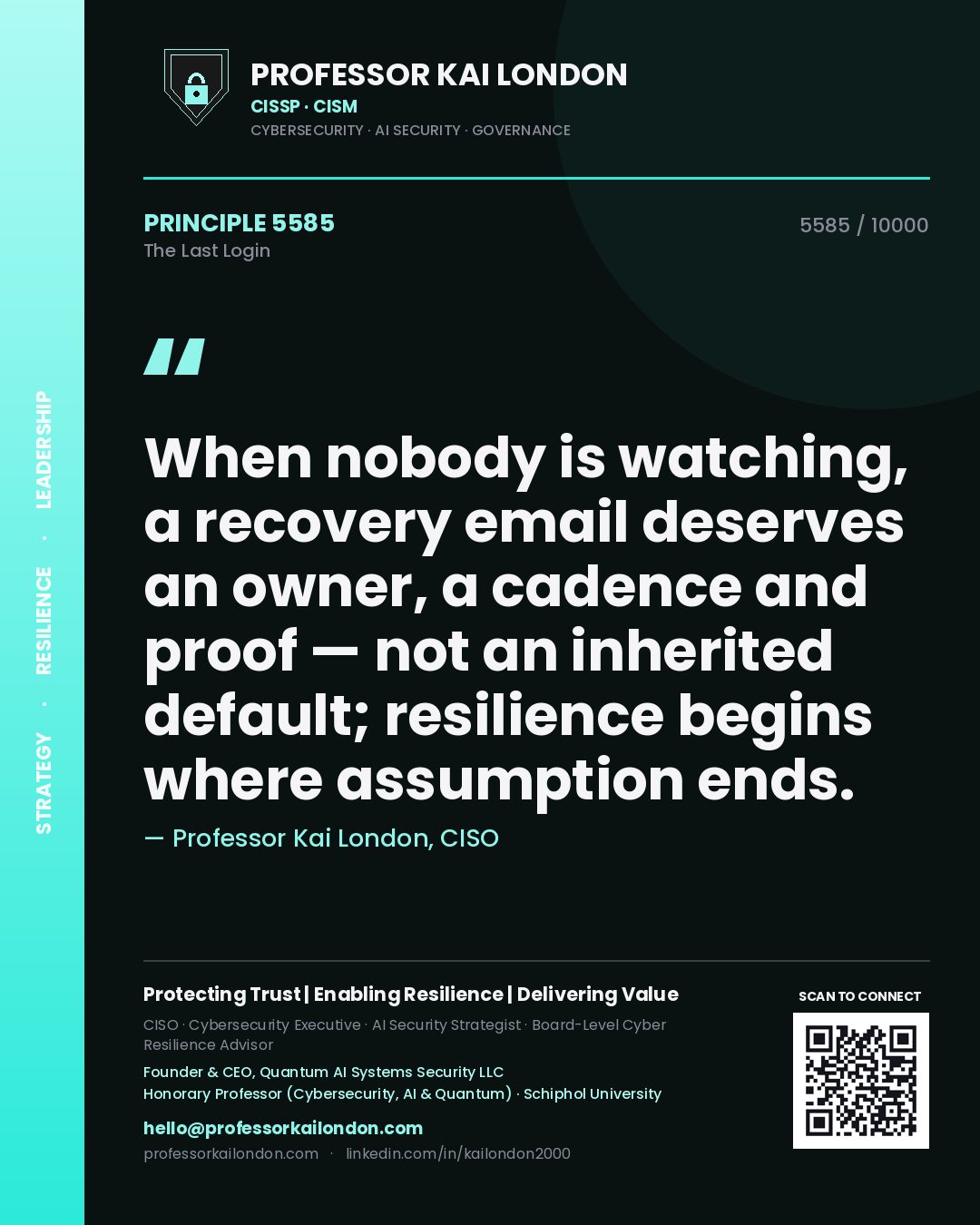 Quote card by Professor Kai London reading 'When nobody is watching, a recovery email deserves an owner, a cadence and proof — not an inherited default; resilience begins where assumption ends.'. From the book The Last Login.