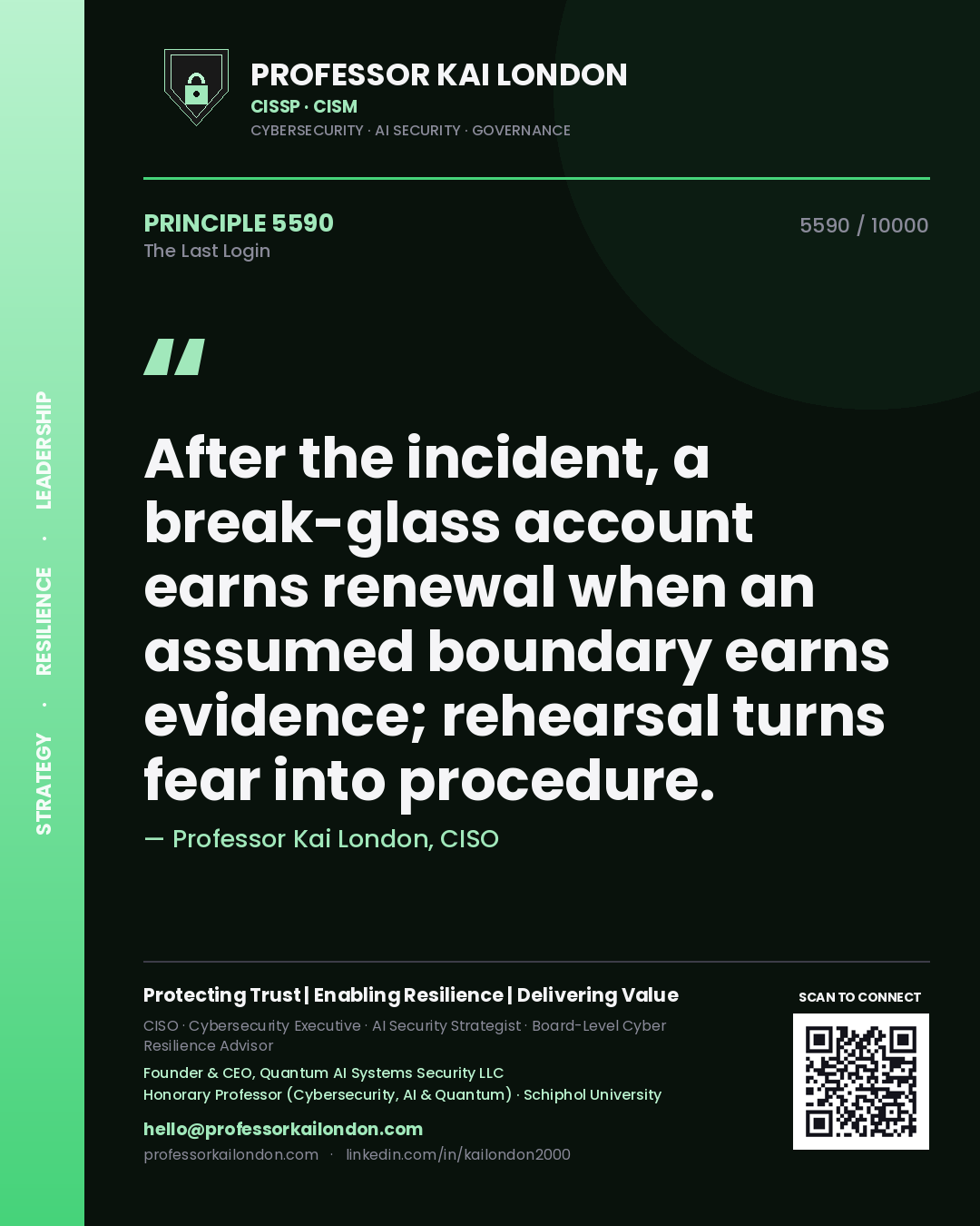 Quote card by Professor Kai London reading 'After the incident, a break-glass account earns renewal when an assumed boundary earns evidence; rehearsal turns fear into procedure.'. From the book The Last Login.