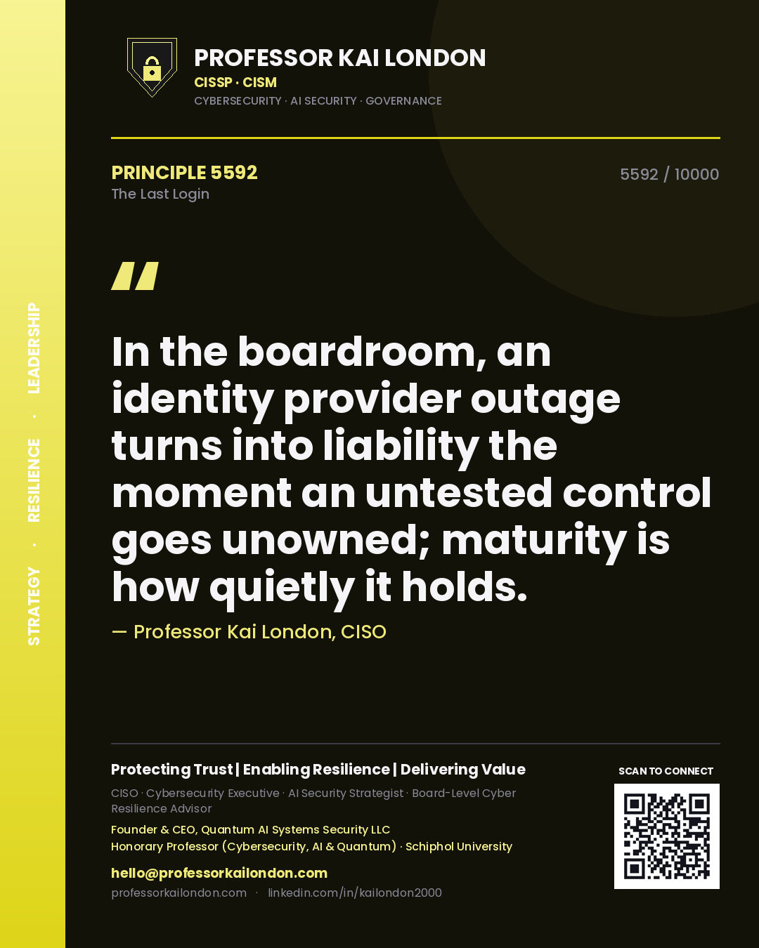 Quote card by Professor Kai London reading 'In the boardroom, an identity provider outage turns into liability the moment an untested control goes unowned; maturity is how quietly it holds.'. From the book The Last Login.