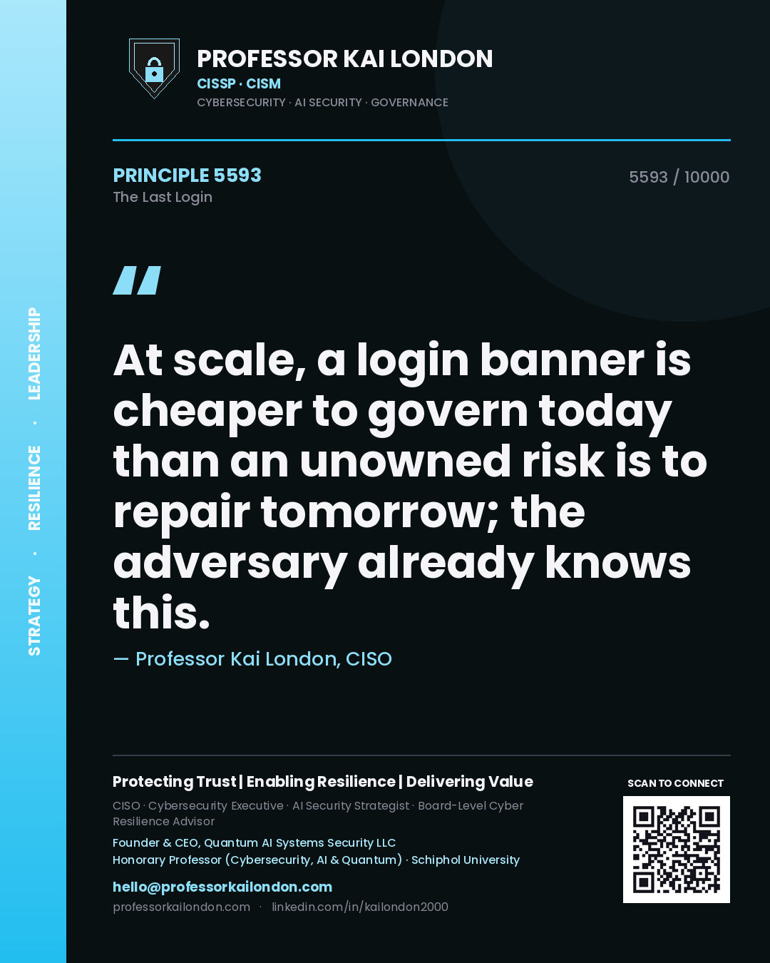 Quote card by Professor Kai London reading 'At scale, a login banner is cheaper to govern today than an unowned risk is to repair tomorrow; the adversary already knows this.'. From the book The Last Login.