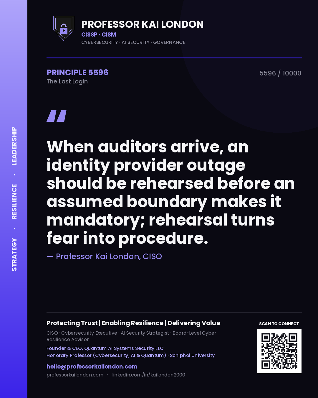 Quote card by Professor Kai London reading 'When auditors arrive, an identity provider outage should be rehearsed before an assumed boundary makes it mandatory; rehearsal turns fear into procedure.'. From the book The Last Login.