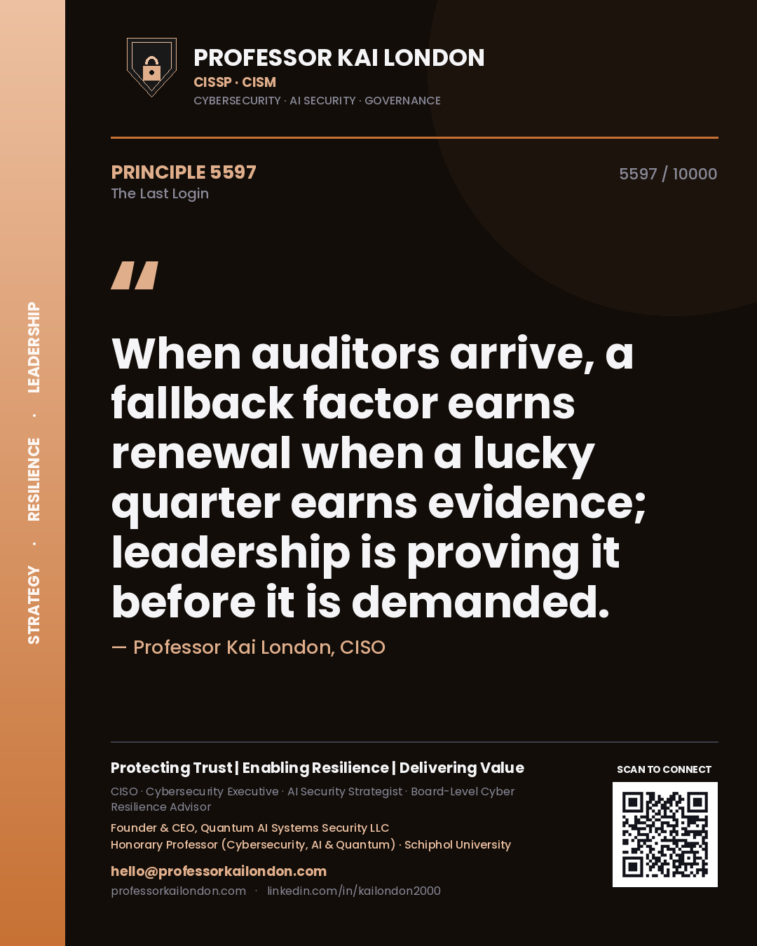 Quote card by Professor Kai London reading 'When auditors arrive, a fallback factor earns renewal when a lucky quarter earns evidence; leadership is proving it before it is demanded.'. From the book The Last Login.