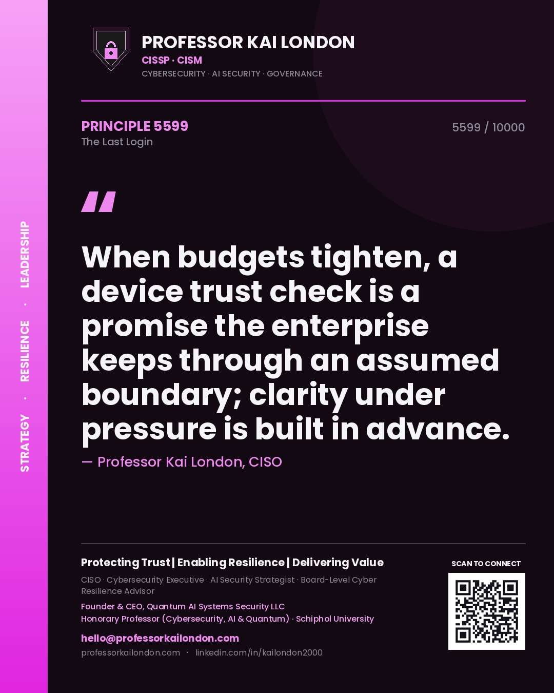 Quote card by Professor Kai London reading 'When budgets tighten, a device trust check is a promise the enterprise keeps through an assumed boundary; clarity under pressure is built in advance.'. From the book The Last Login.