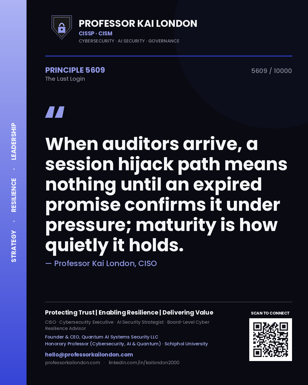 Quote card by Professor Kai London reading 'When auditors arrive, a session hijack path means nothing until an expired promise confirms it under pressure; maturity is how quietly it holds.'. From the book The Last Login.