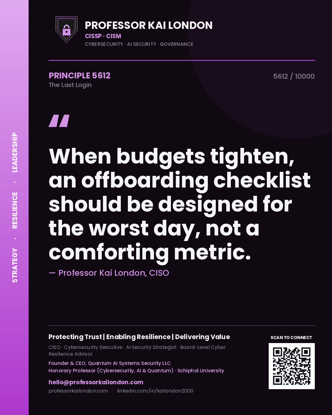 Quote card by Professor Kai London reading 'When budgets tighten, an offboarding checklist should be designed for the worst day, not a comforting metric.'. From the book The Last Login.