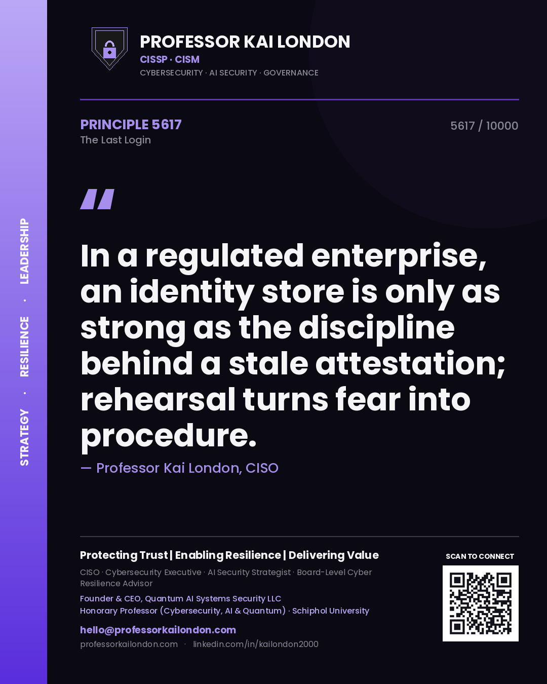 Professor Kai London principle 5617: In a regulated enterprise, an identity store is only as strong as the discipline behind a stale attestation; rehearsal turns fear into procedure.