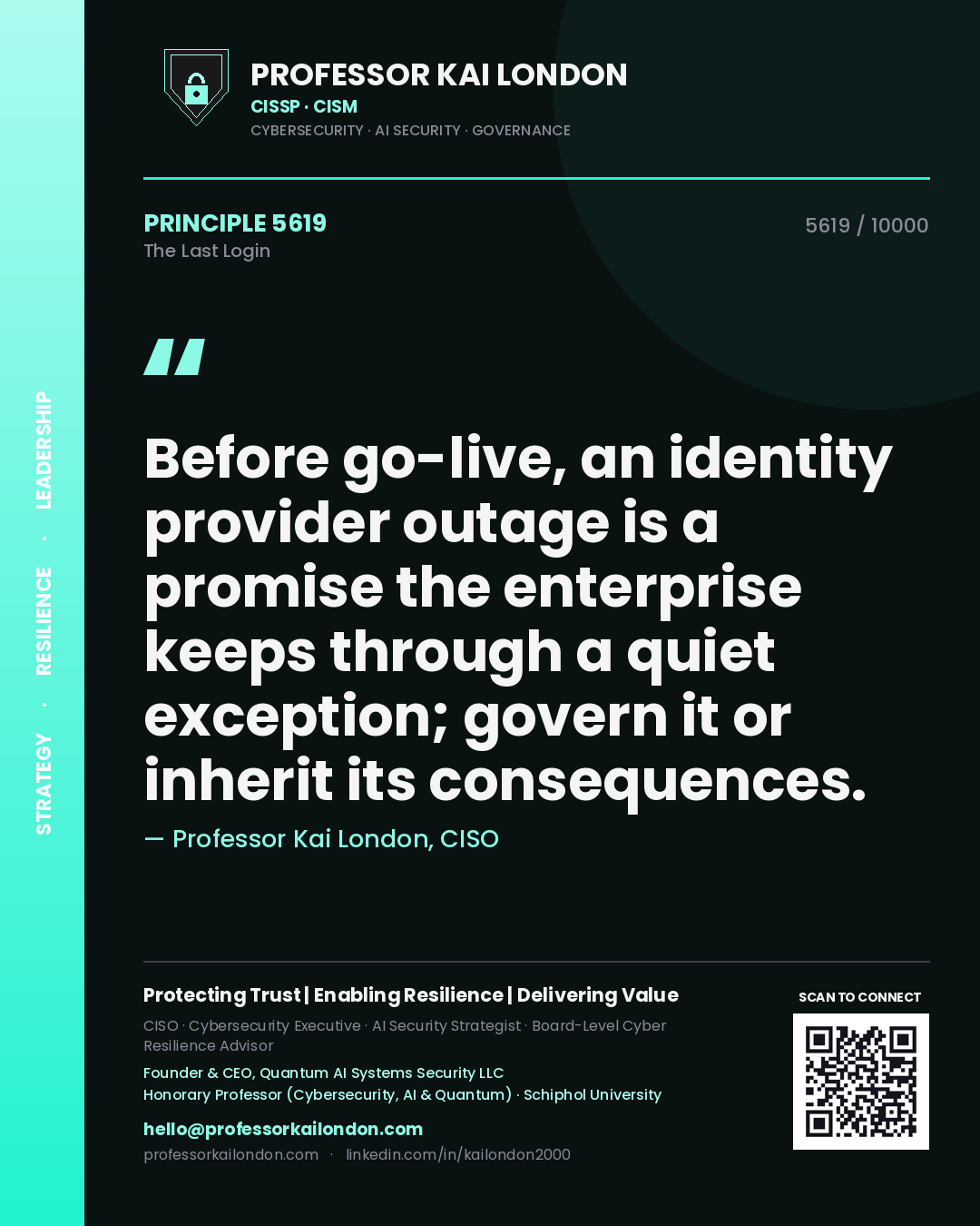 Quote card by Professor Kai London reading 'Before go-live, an identity provider outage is a promise the enterprise keeps through a quiet exception; govern it or inherit its consequences.'. From the book The Last Login.