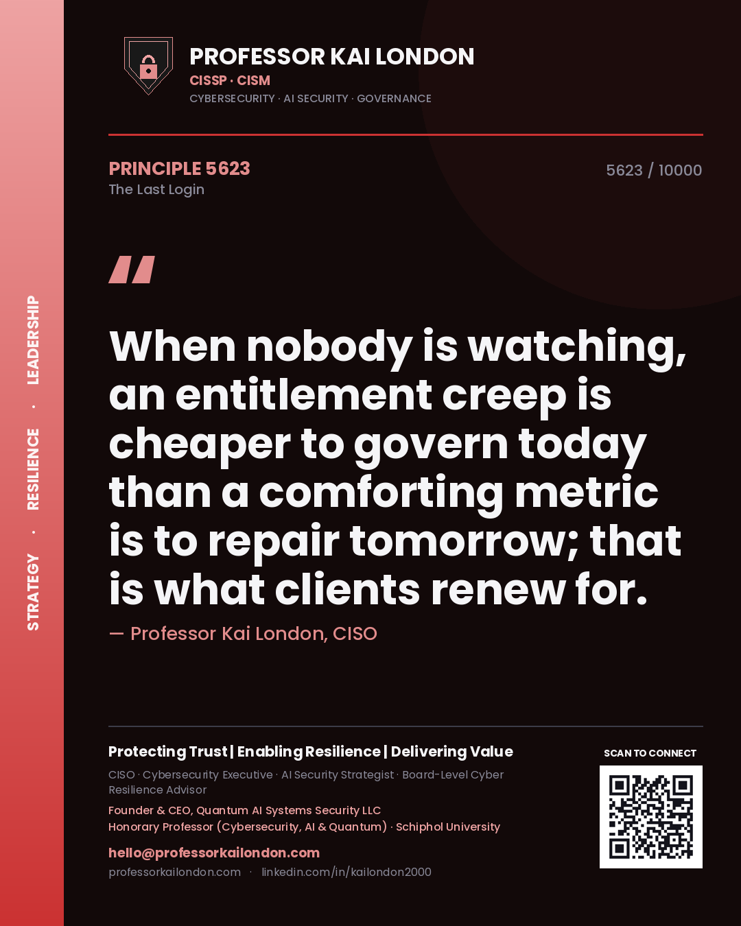 Quote card by Professor Kai London reading 'When nobody is watching, an entitlement creep is cheaper to govern today than a comforting metric is to repair tomorrow; that is what clients renew for.'. From the book The Last Login.