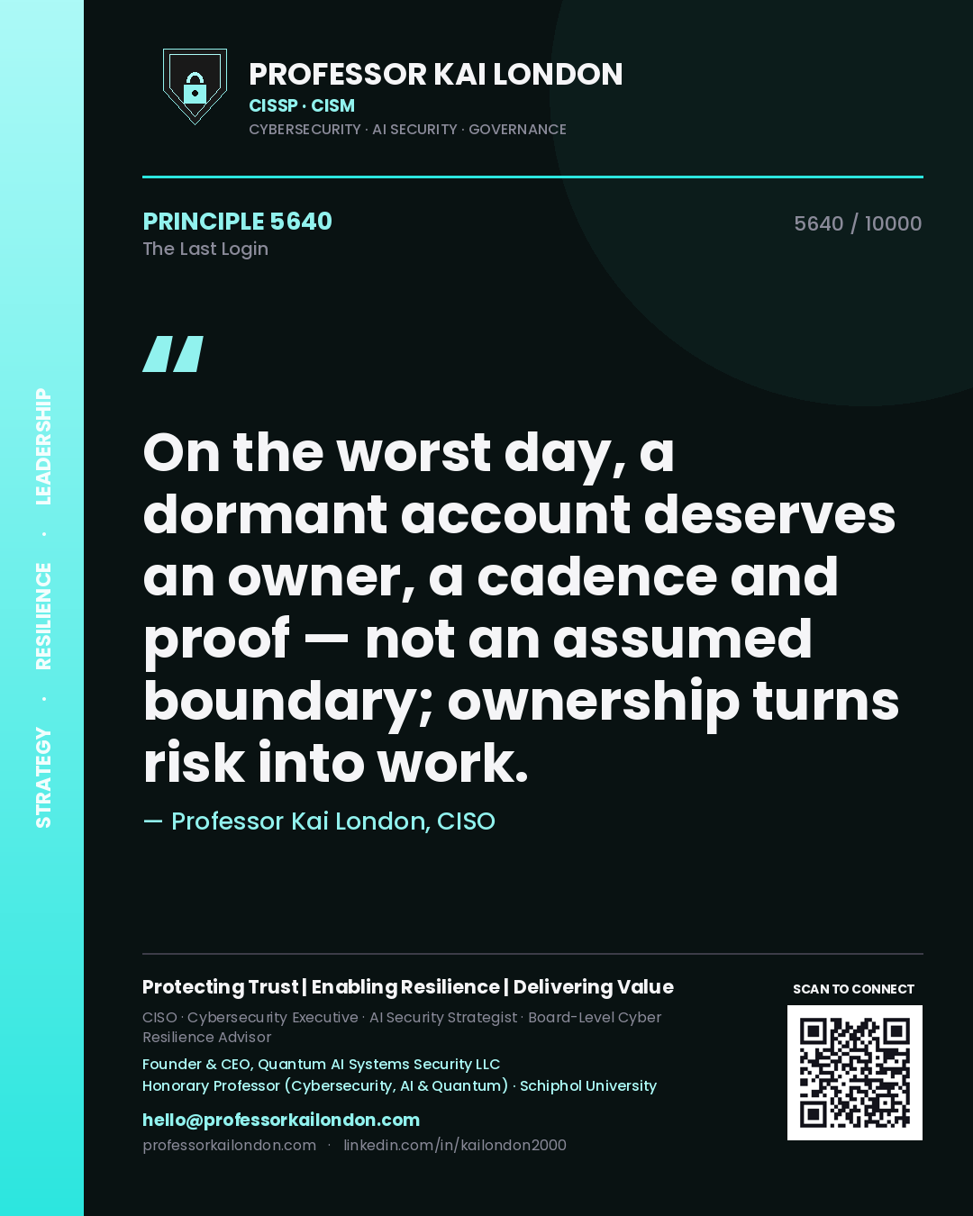 Quote card by Professor Kai London reading 'On the worst day, a dormant account deserves an owner, a cadence and proof — not an assumed boundary; ownership turns risk into work.'. From the book The Last Login.