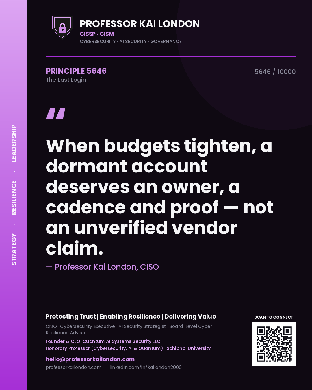 Quote card by Professor Kai London reading 'When budgets tighten, a dormant account deserves an owner, a cadence and proof — not an unverified vendor claim.'. From the book The Last Login.