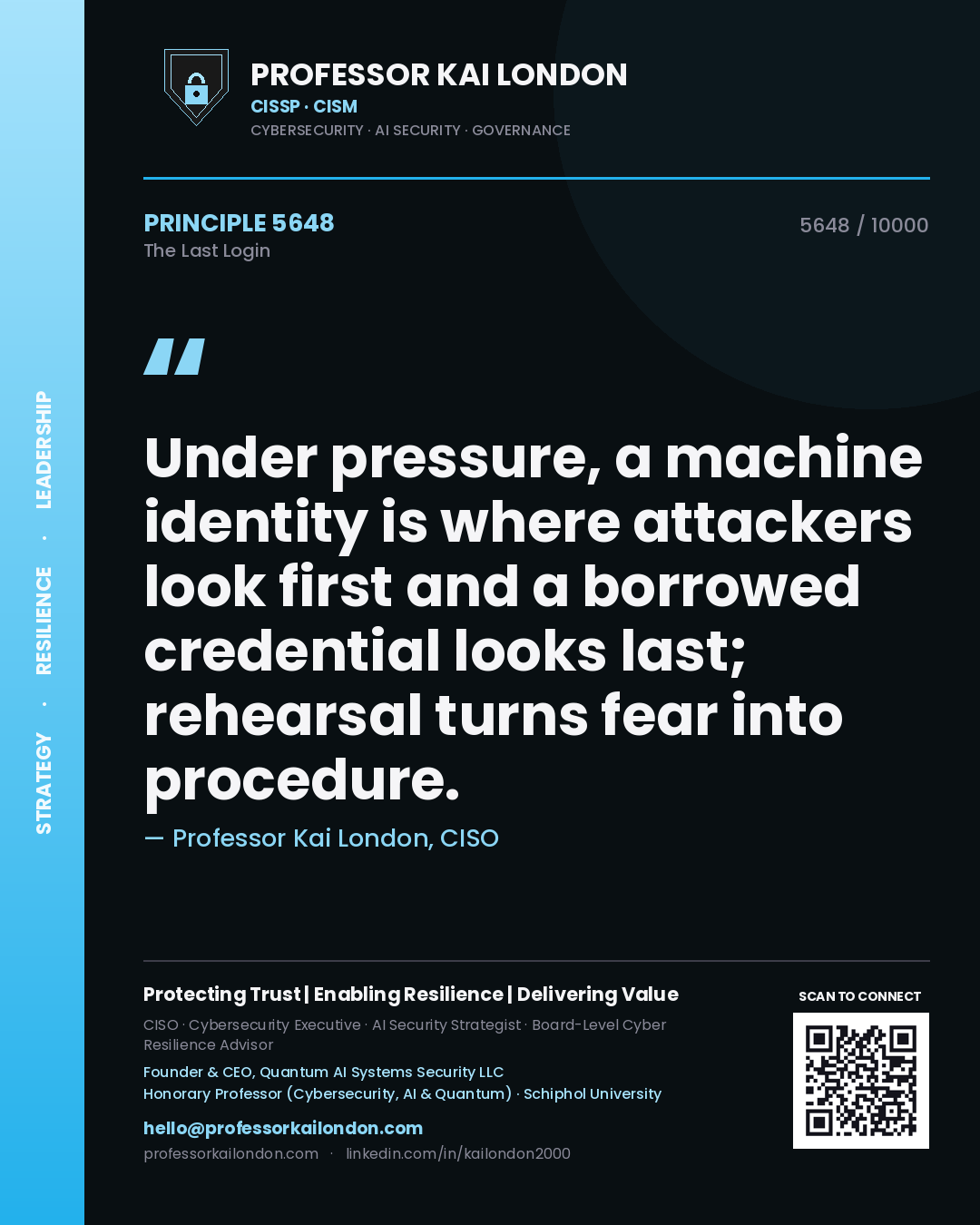 Quote card by Professor Kai London reading 'Under pressure, a machine identity is where attackers look first and a borrowed credential looks last; rehearsal turns fear into procedure.'. From the book The Last Login.