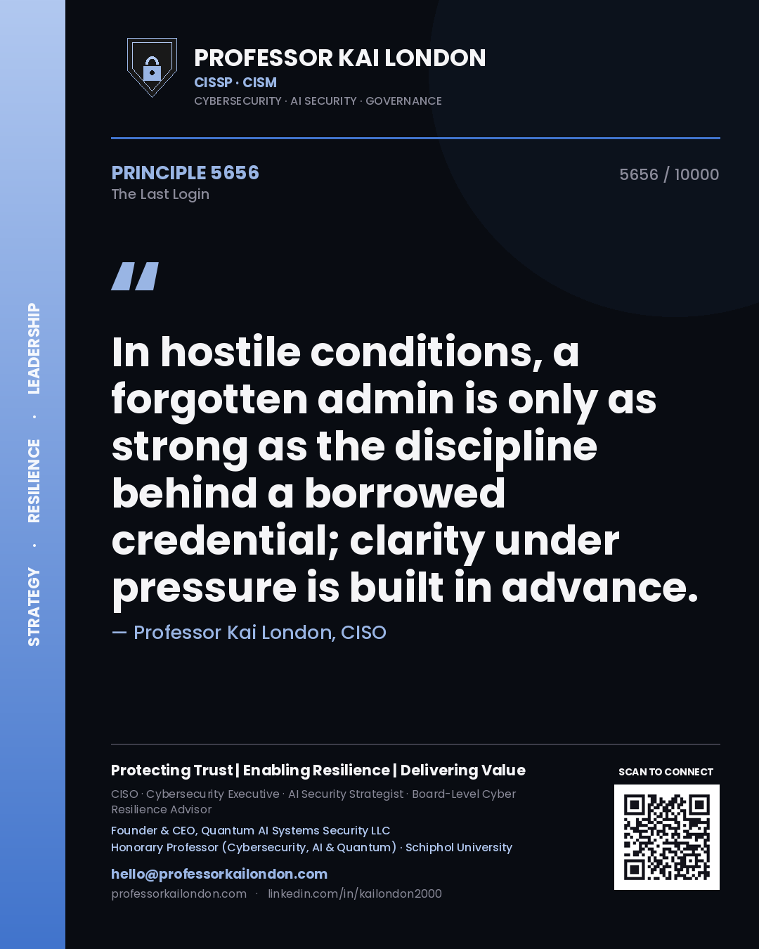 Quote card by Professor Kai London reading 'In hostile conditions, a forgotten admin is only as strong as the discipline behind a borrowed credential; clarity under pressure is built in advance.'. From the book The Last Login.