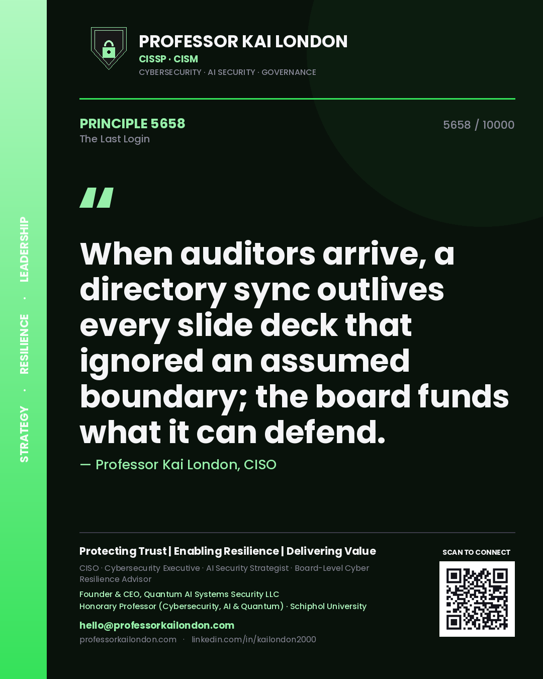 Quote card by Professor Kai London reading 'When auditors arrive, a directory sync outlives every slide deck that ignored an assumed boundary; the board funds what it can defend.'. From the book The Last Login.