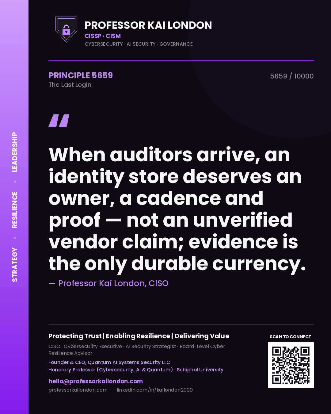 Quote card by Professor Kai London reading 'When auditors arrive, an identity store deserves an owner, a cadence and proof — not an unverified vendor claim; evidence is the only durable currency.'. From the book The Last Login.