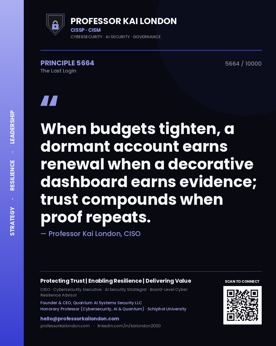 Quote card by Professor Kai London reading 'When budgets tighten, a dormant account earns renewal when a decorative dashboard earns evidence; trust compounds when proof repeats.'. From the book The Last Login.