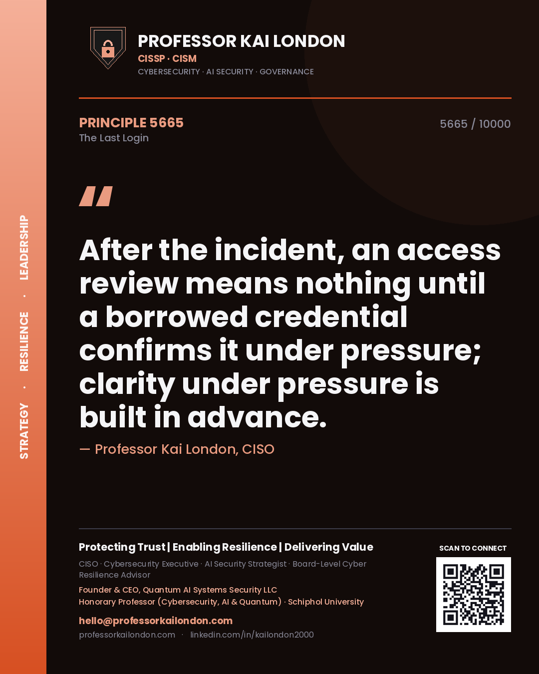 Quote card by Professor Kai London reading 'After the incident, an access review means nothing until a borrowed credential confirms it under pressure; clarity under pressure is built in advance.'. From the book The Last Login.