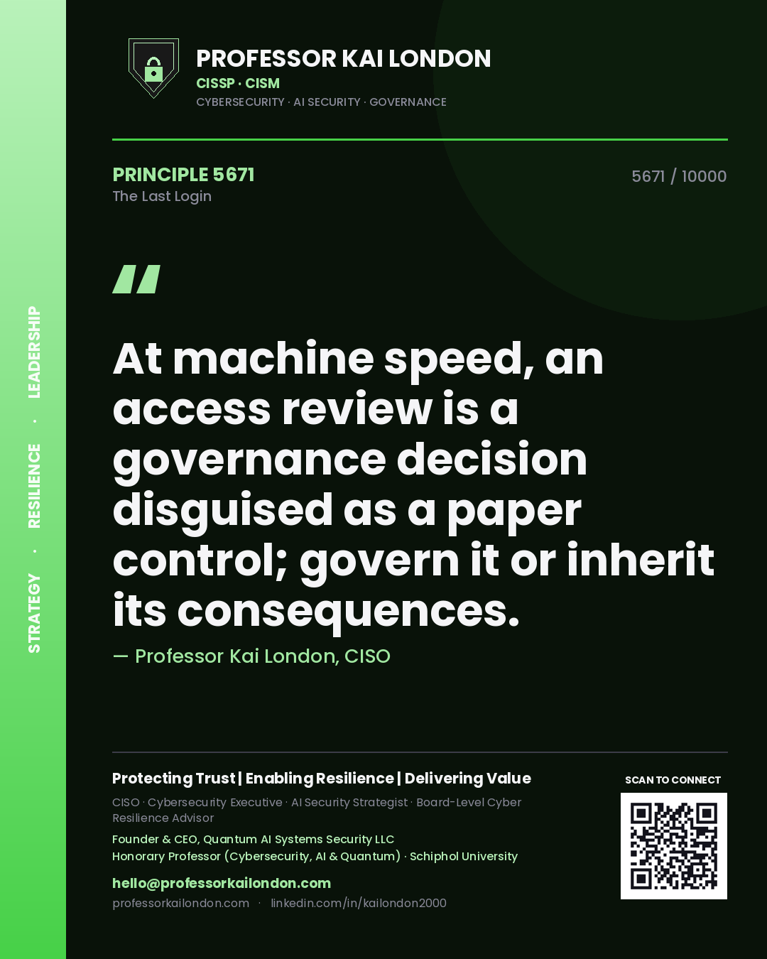 Professor Kai London principle 5671: At machine speed, an access review is a governance decision disguised as a paper control; govern it or inherit its consequences.