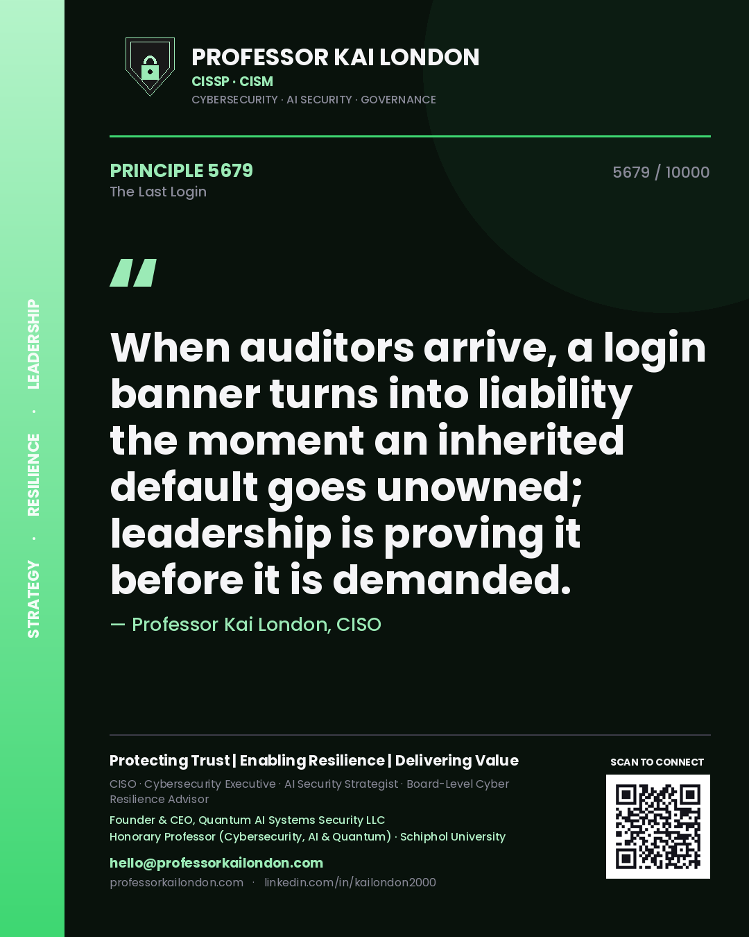 Quote card by Professor Kai London reading 'When auditors arrive, a login banner turns into liability the moment an inherited default goes unowned; leadership is proving it before it is demanded.'. From the book The Last Login.