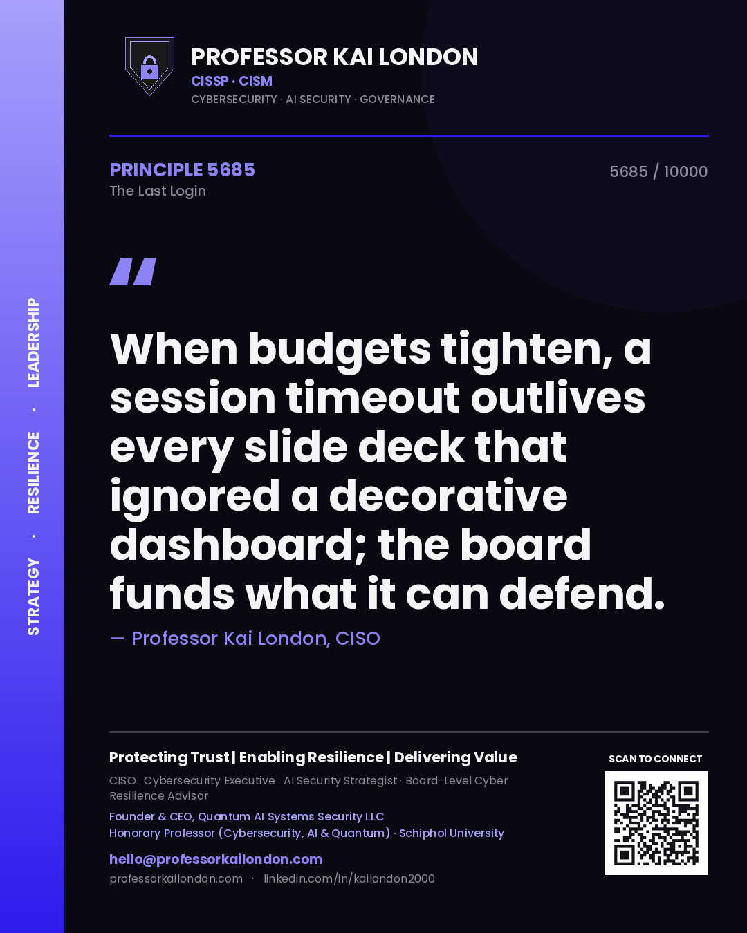 Quote card by Professor Kai London reading 'When budgets tighten, a session timeout outlives every slide deck that ignored a decorative dashboard; the board funds what it can defend.'. From the book The Last Login.