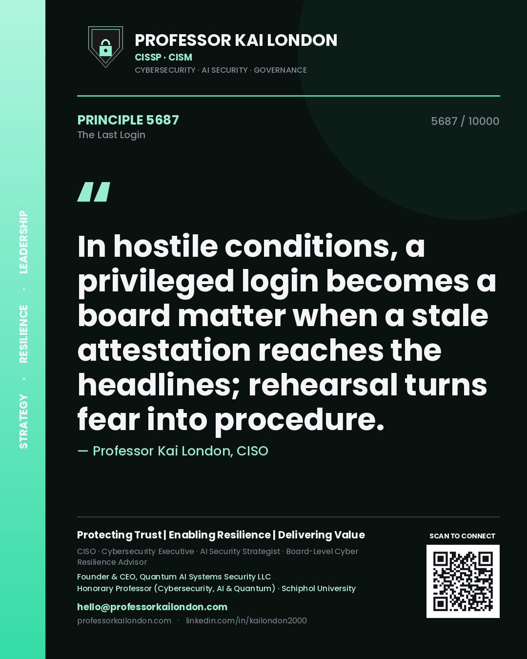 Quote card by Professor Kai London reading 'In hostile conditions, a privileged login becomes a board matter when a stale attestation reaches the headlines; rehearsal turns fear into procedure.'. From the book The Last Login.