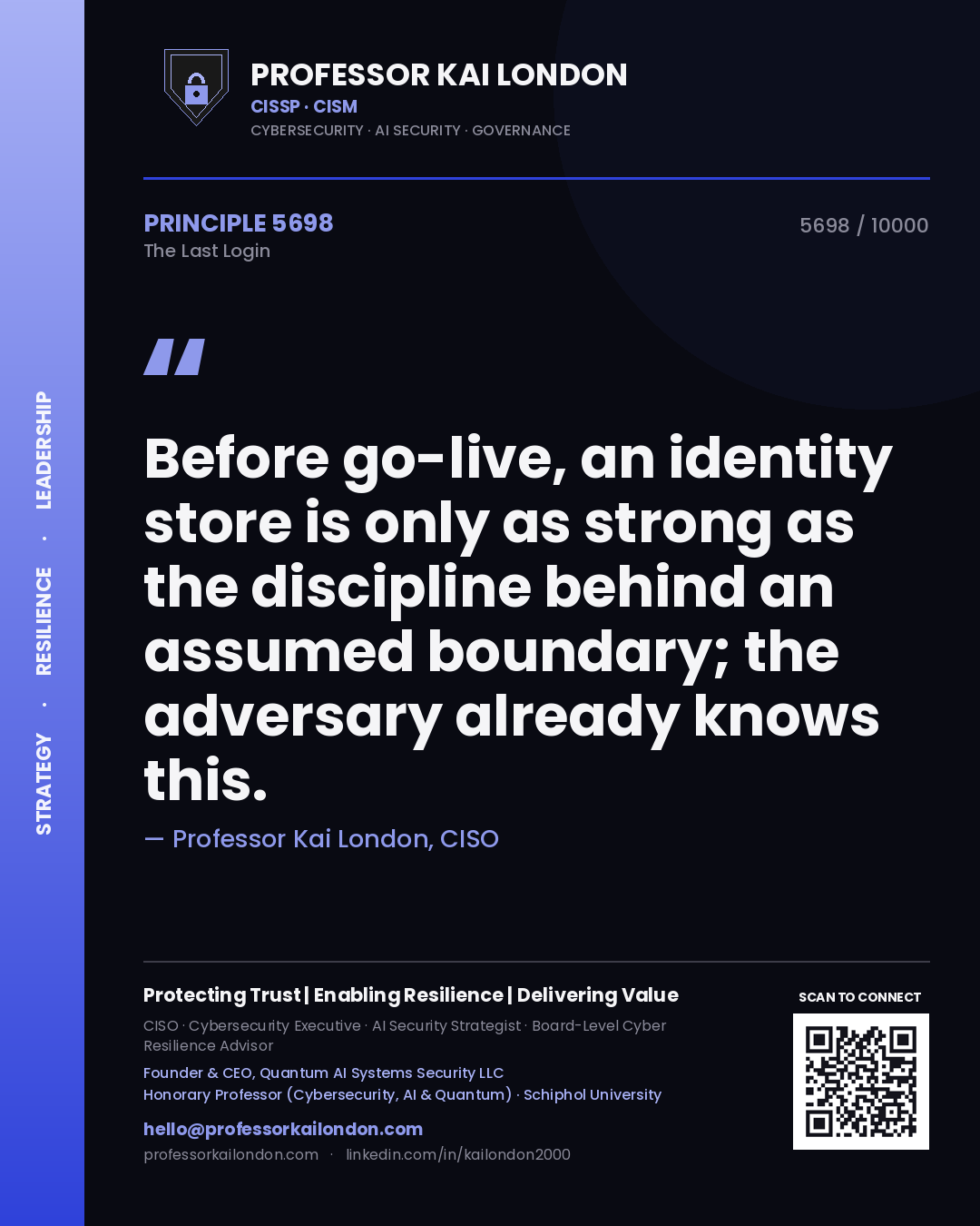 Quote card by Professor Kai London reading 'Before go-live, an identity store is only as strong as the discipline behind an assumed boundary; the adversary already knows this.'. From the book The Last Login.