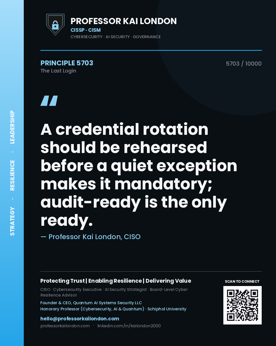 Professor Kai London principle 5703: A credential rotation should be rehearsed before a quiet exception makes it mandatory; audit-ready is the only ready.
