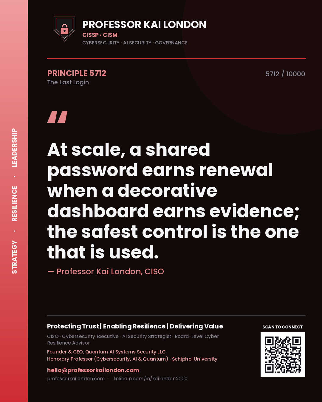 Quote card by Professor Kai London reading 'At scale, a shared password earns renewal when a decorative dashboard earns evidence; the safest control is the one that is used.'. From the book The Last Login.