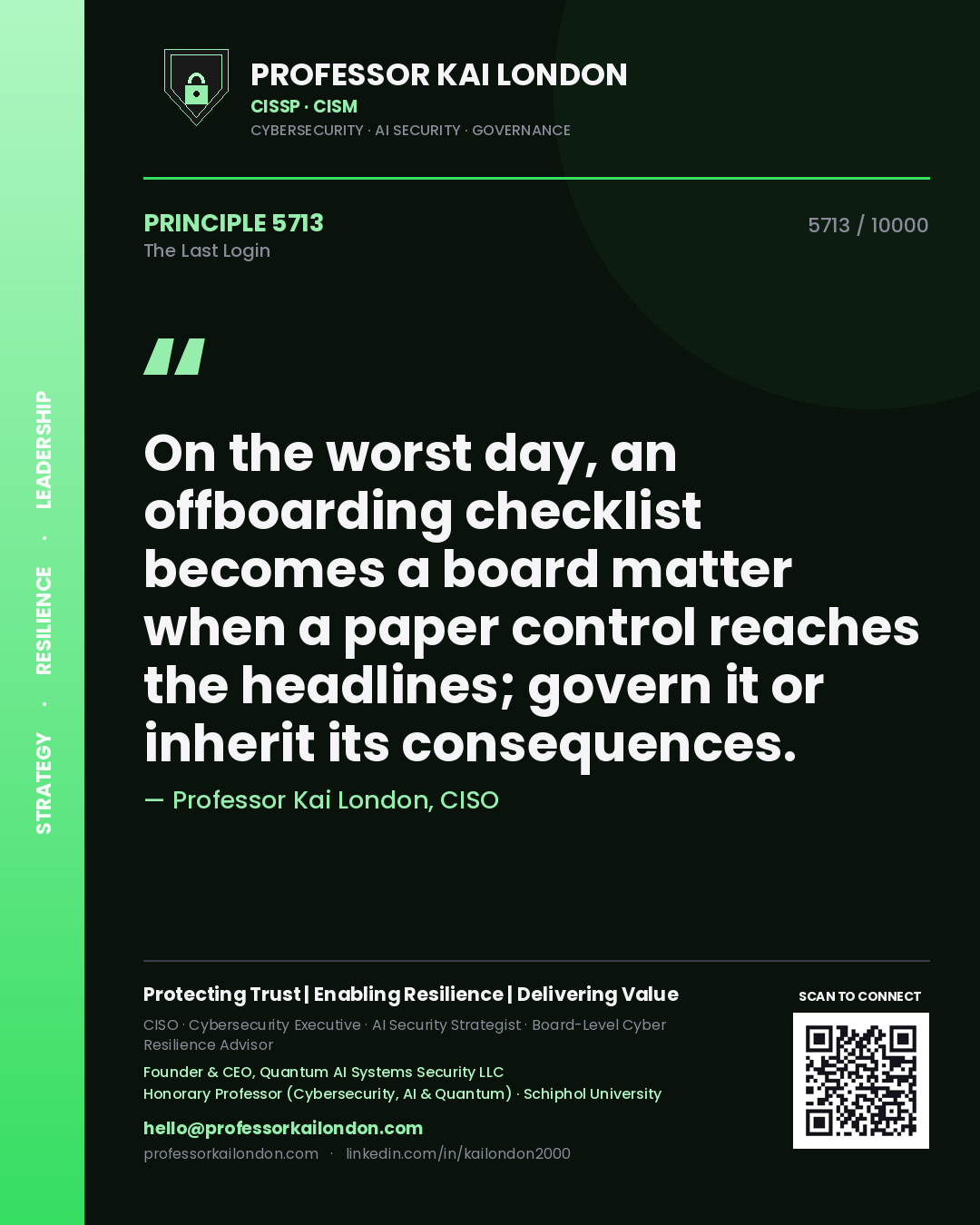 Quote card by Professor Kai London reading 'On the worst day, an offboarding checklist becomes a board matter when a paper control reaches the headlines; govern it or inherit its consequences.'. From the book The Last Login.