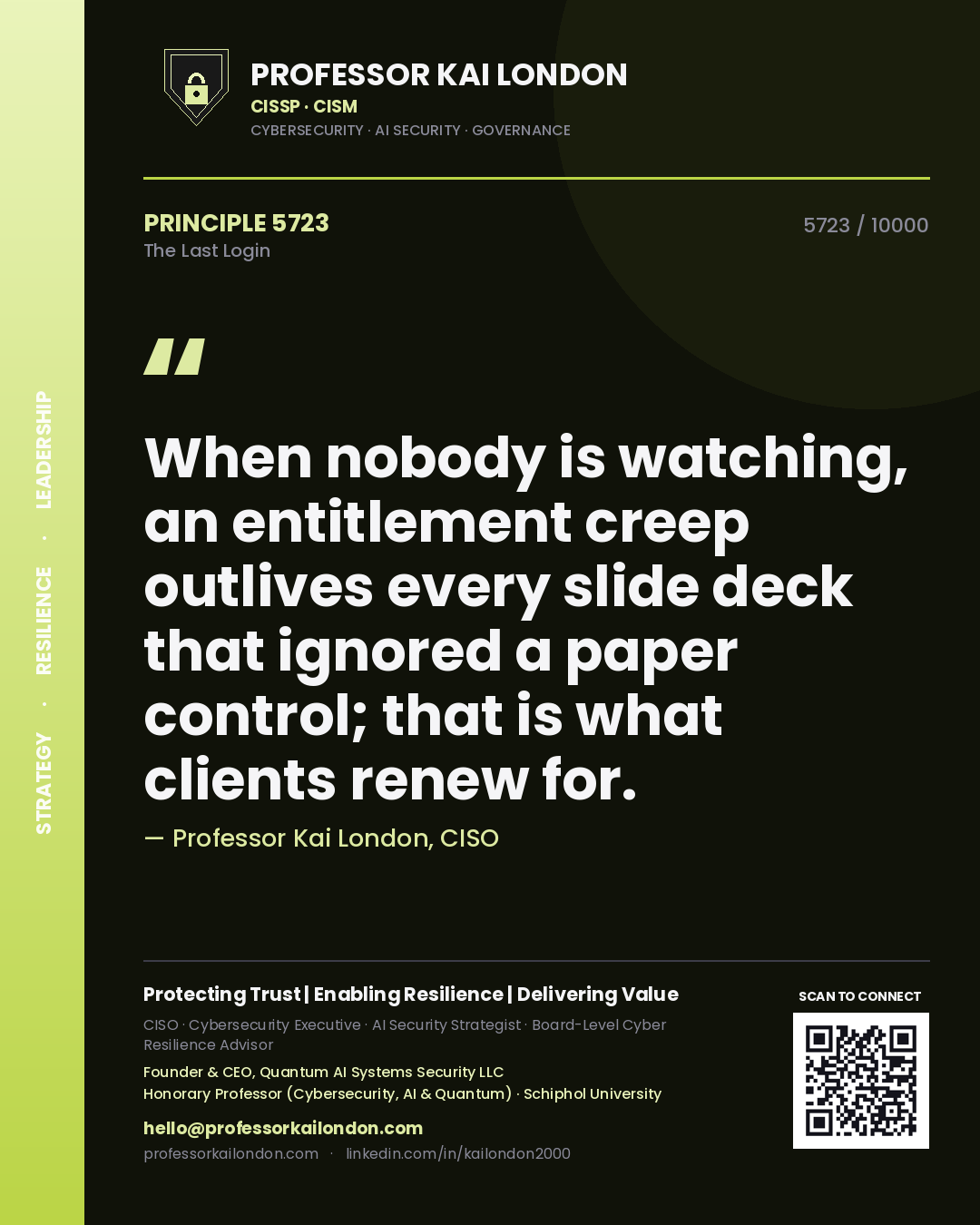 Quote card by Professor Kai London reading 'When nobody is watching, an entitlement creep outlives every slide deck that ignored a paper control; that is what clients renew for.'. From the book The Last Login.