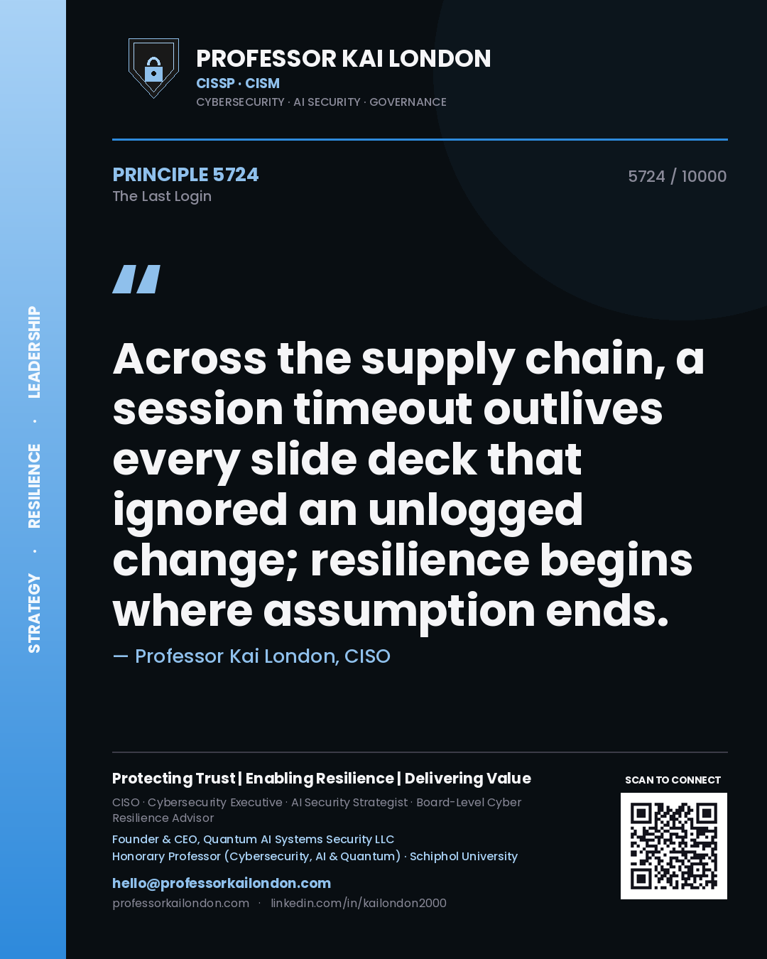 Quote card by Professor Kai London reading 'Across the supply chain, a session timeout outlives every slide deck that ignored an unlogged change; resilience begins where assumption ends.'. From the book The Last Login.