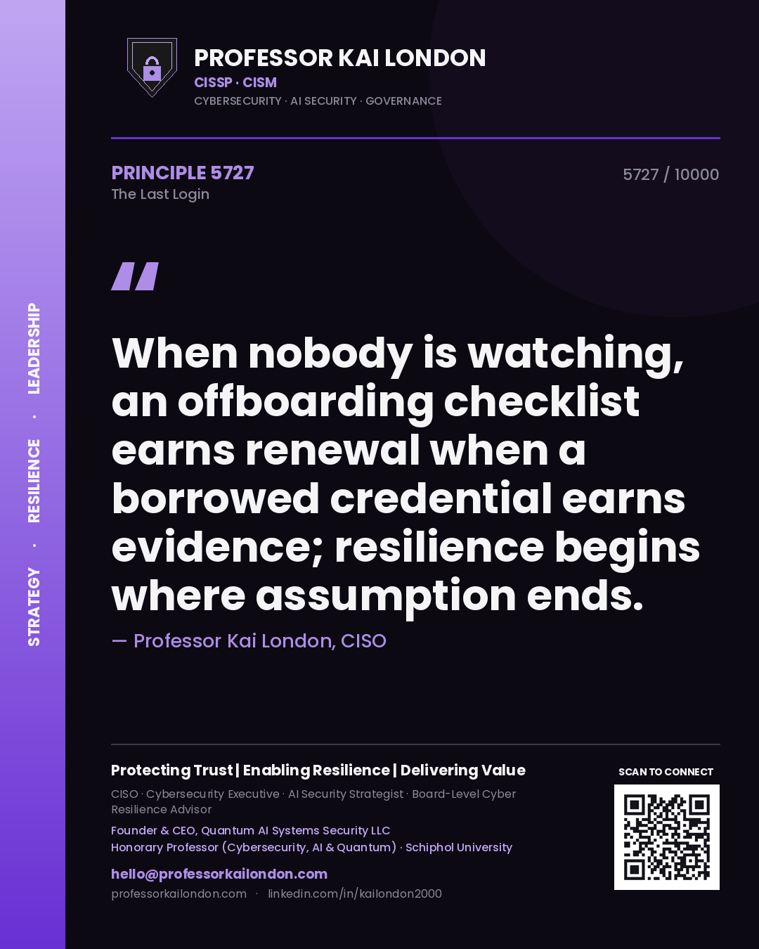 Professor Kai London principle 5727: When nobody is watching, an offboarding checklist earns renewal when a borrowed credential earns evidence; resilience begins where assumption ends.