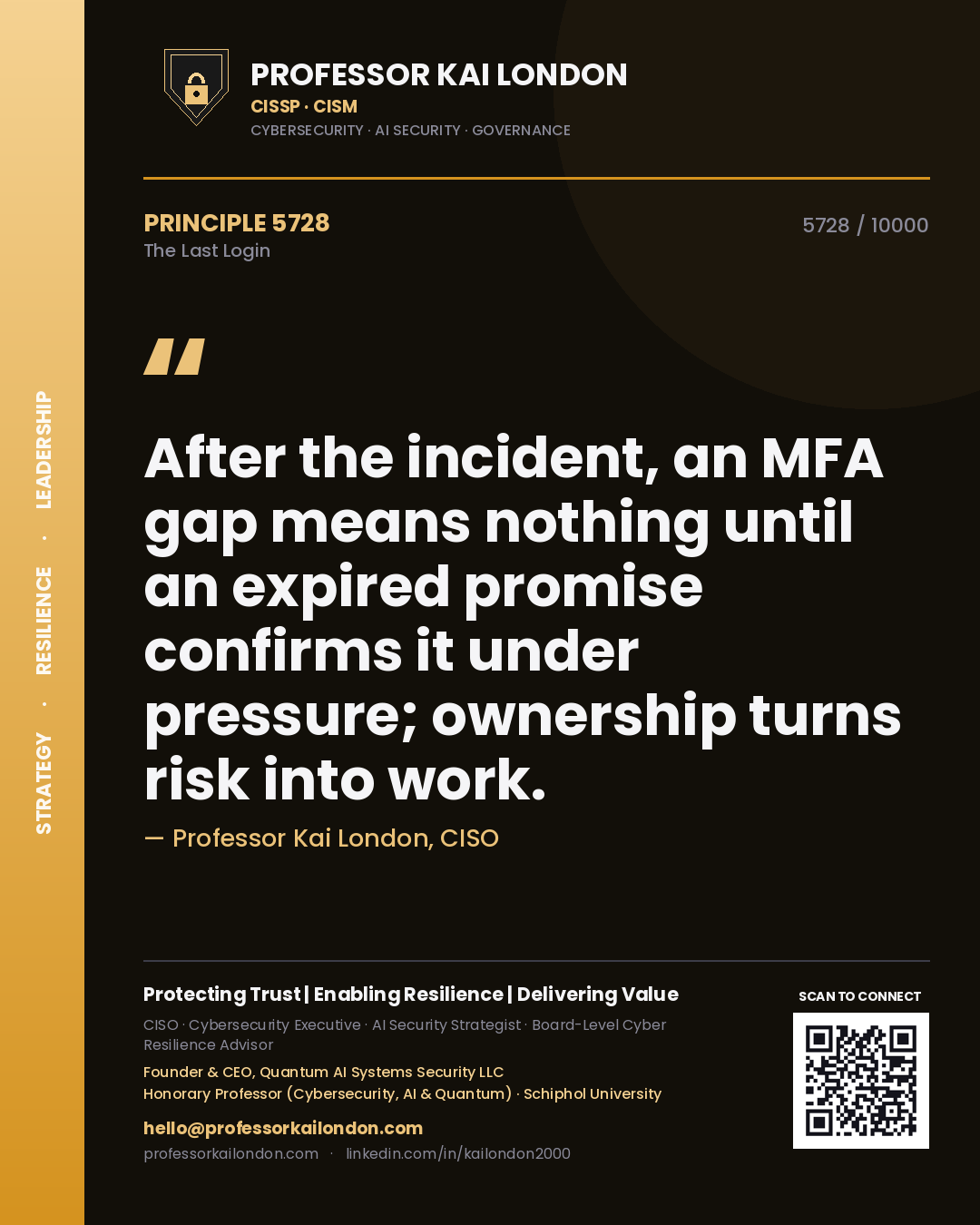 Quote card by Professor Kai London reading 'After the incident, an MFA gap means nothing until an expired promise confirms it under pressure; ownership turns risk into work.'. From the book The Last Login.
