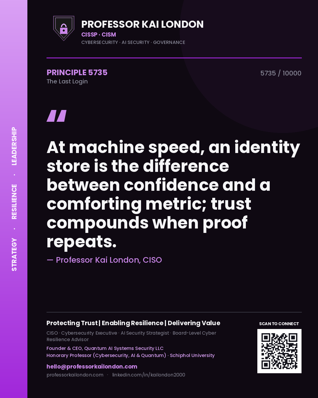 Professor Kai London principle 5735: At machine speed, an identity store is the difference between confidence and a comforting metric; trust compounds when proof repeats.