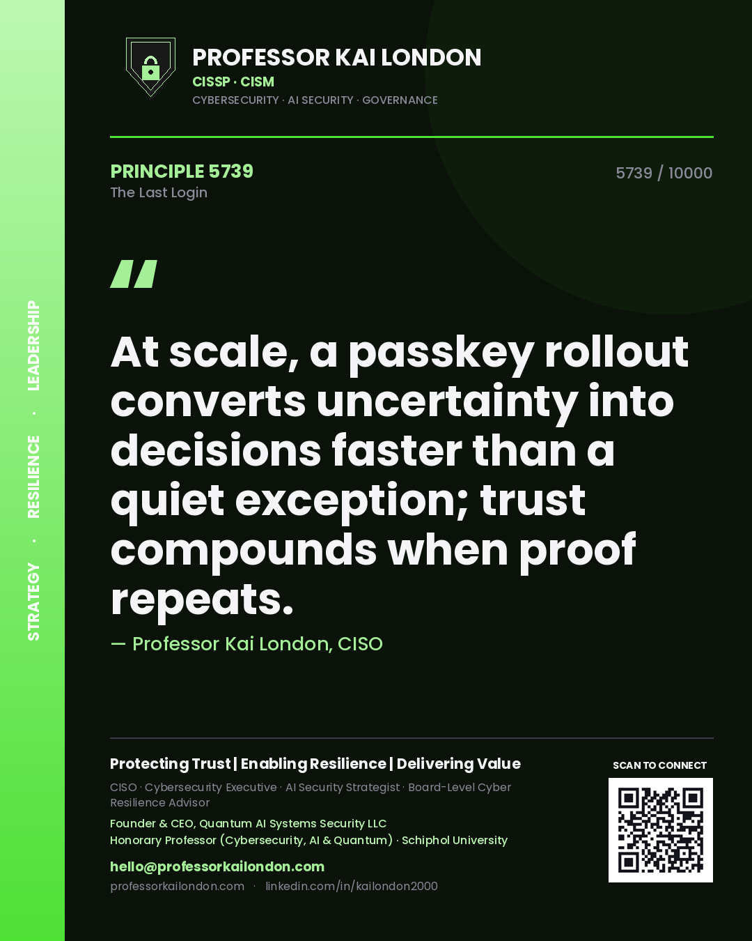 Quote card by Professor Kai London reading 'At scale, a passkey rollout converts uncertainty into decisions faster than a quiet exception; trust compounds when proof repeats.'. From the book The Last Login.