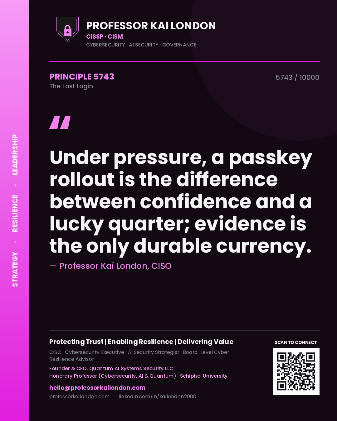 Quote card by Professor Kai London reading 'Under pressure, a passkey rollout is the difference between confidence and a lucky quarter; evidence is the only durable currency.'. From the book The Last Login.