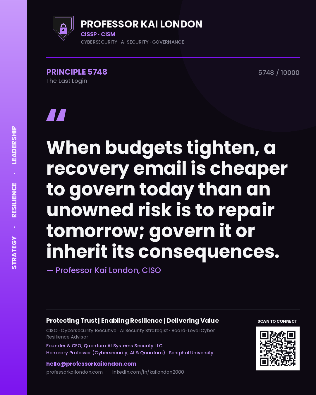 Quote card by Professor Kai London reading 'When budgets tighten, a recovery email is cheaper to govern today than an unowned risk is to repair tomorrow; govern it or inherit its consequences.'. From the book The Last Login.