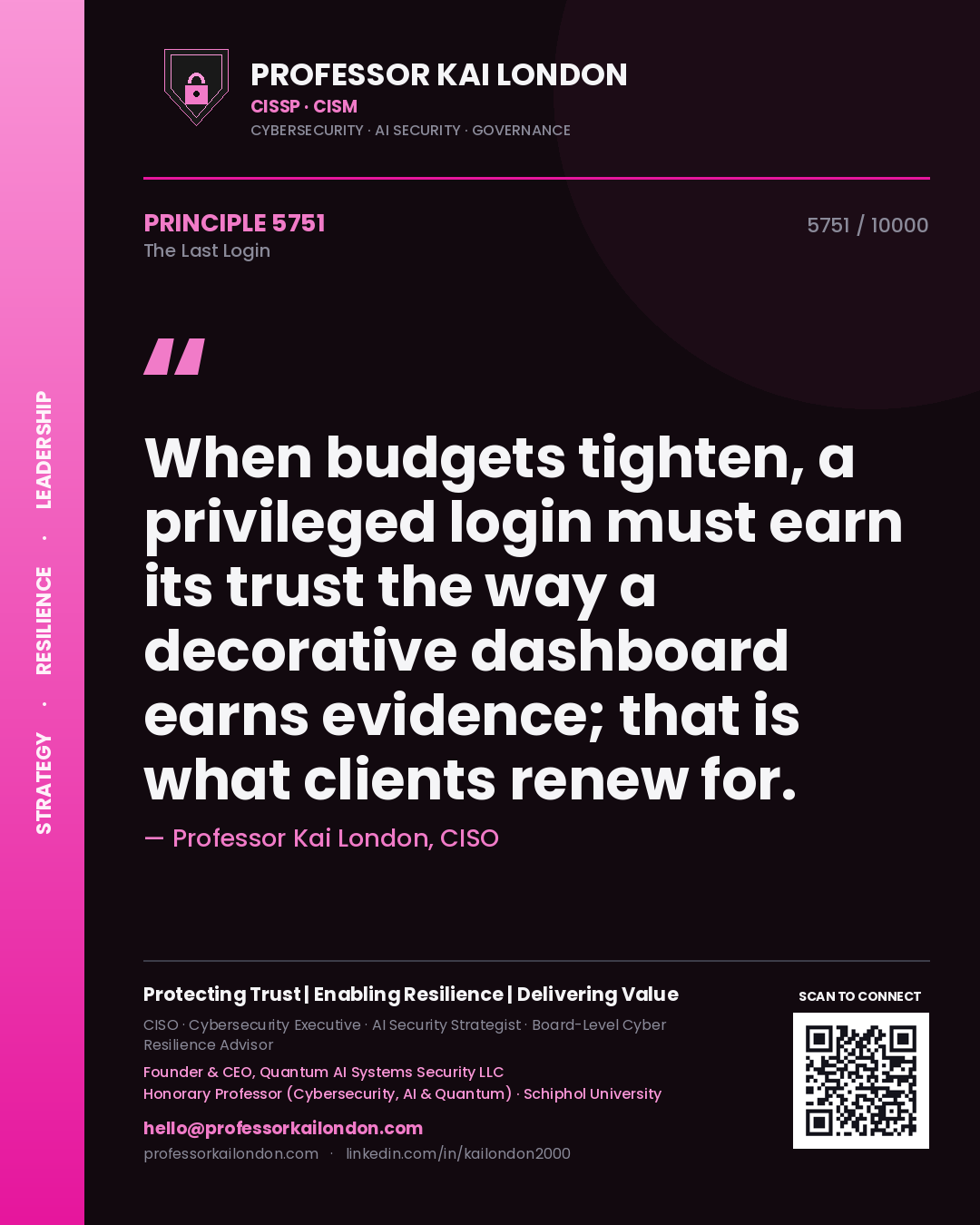 Professor Kai London principle 5751: When budgets tighten, a privileged login must earn its trust the way a decorative dashboard earns evidence; that is what clients renew for.