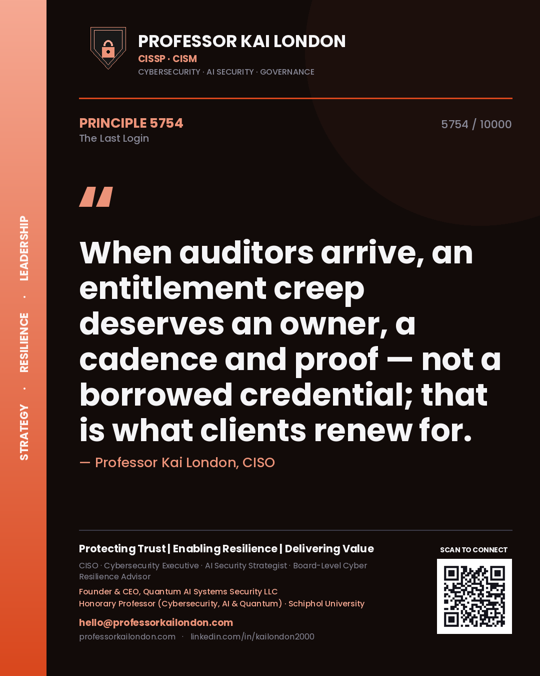 Quote card by Professor Kai London reading 'When auditors arrive, an entitlement creep deserves an owner, a cadence and proof — not a borrowed credential; that is what clients renew for.'. From the book The Last Login.