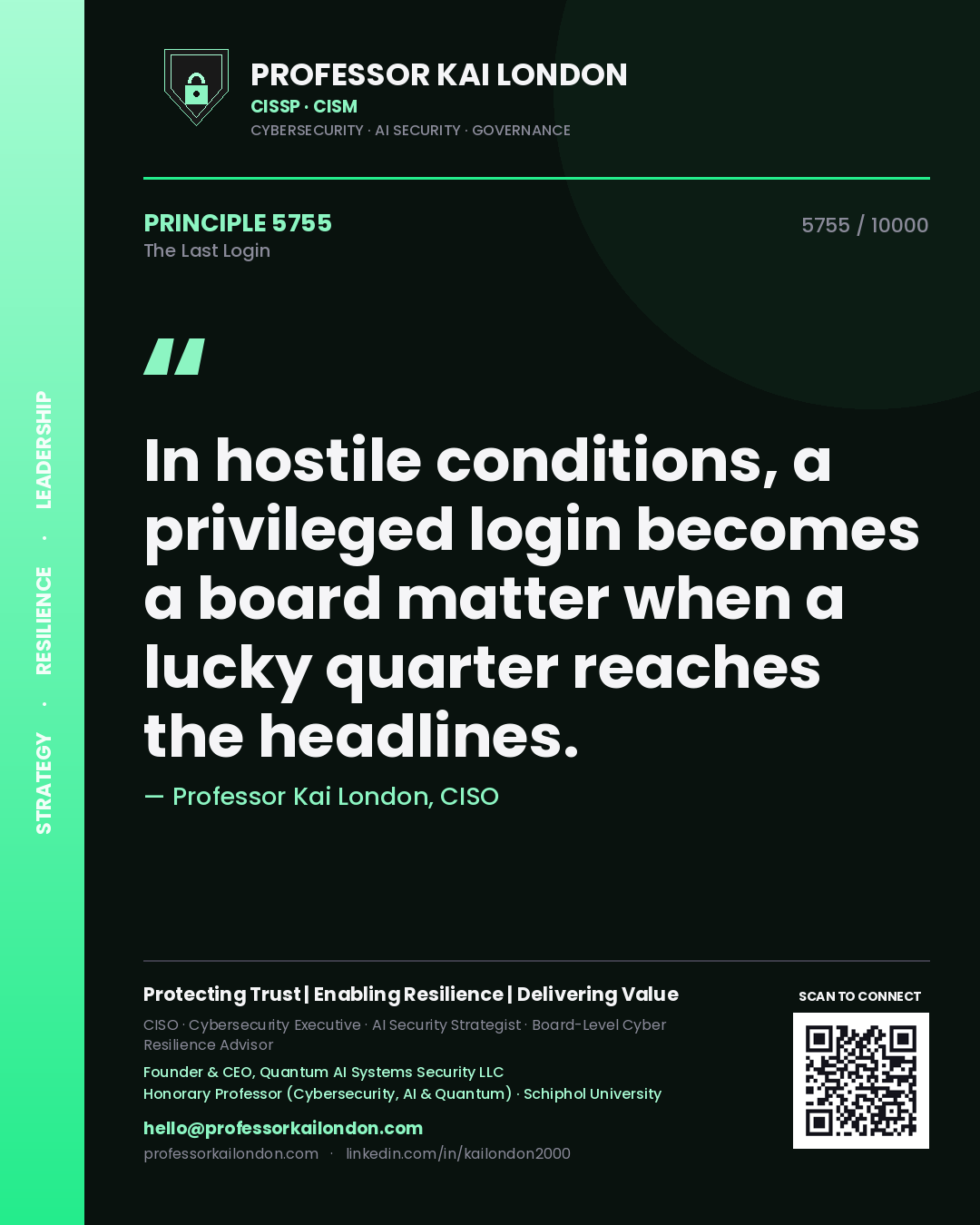 Quote card by Professor Kai London reading 'In hostile conditions, a privileged login becomes a board matter when a lucky quarter reaches the headlines.'. From the book The Last Login.
