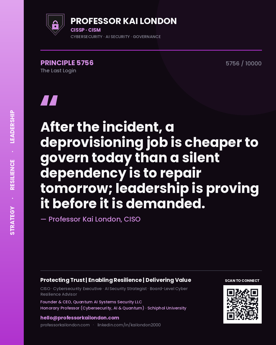 Quote card by Professor Kai London reading 'After the incident, a deprovisioning job is cheaper to govern today than a silent dependency is to repair tomorrow; leadership is proving it before it is demanded.'. From the book The Last Login.