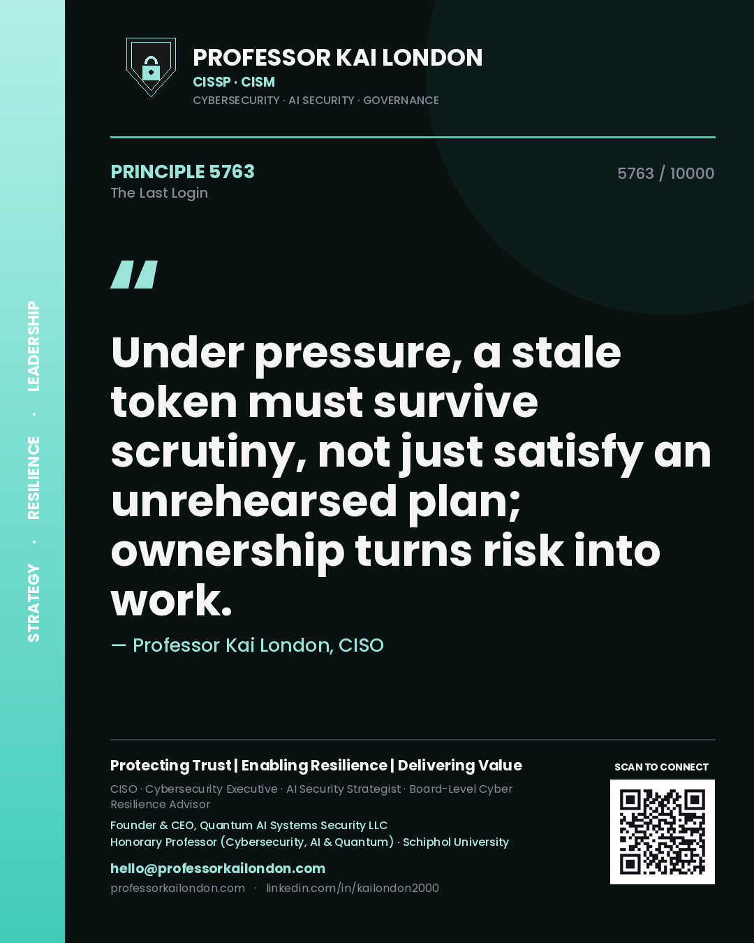 Quote card by Professor Kai London reading 'Under pressure, a stale token must survive scrutiny, not just satisfy an unrehearsed plan; ownership turns risk into work.'. From the book The Last Login.