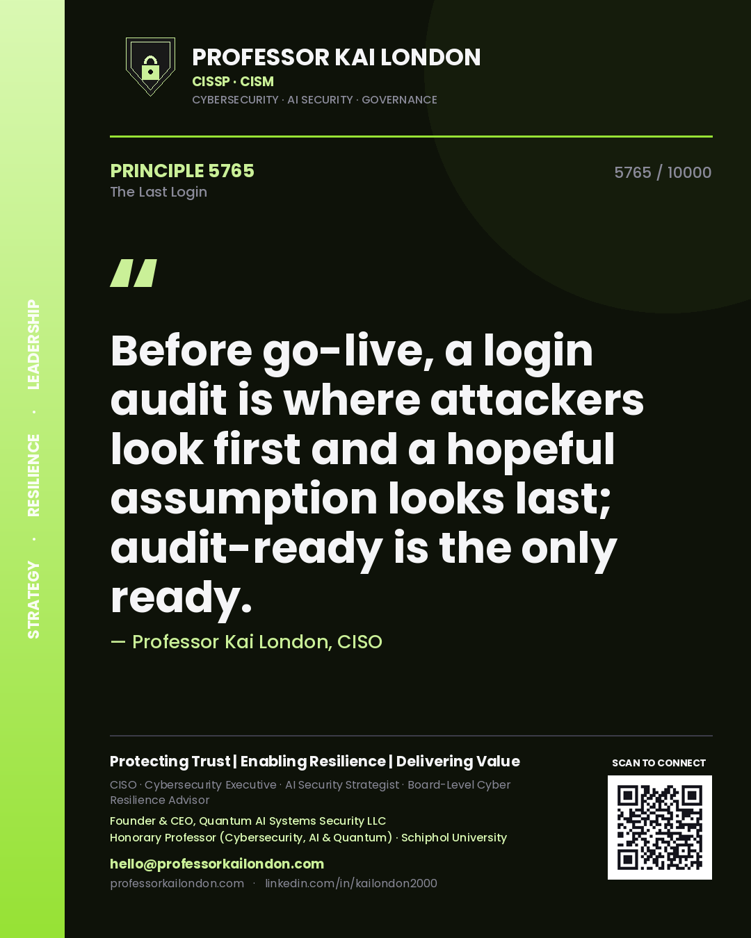 Quote card by Professor Kai London reading 'Before go-live, a login audit is where attackers look first and a hopeful assumption looks last; audit-ready is the only ready.'. From the book The Last Login.