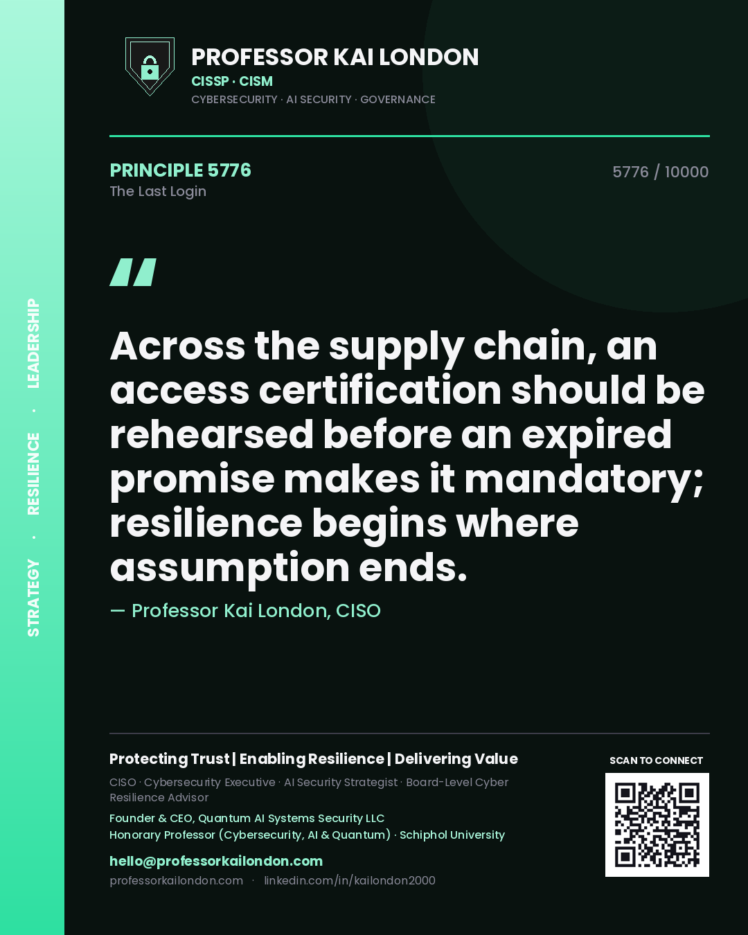 Quote card by Professor Kai London reading 'Across the supply chain, an access certification should be rehearsed before an expired promise makes it mandatory; resilience begins where assumption ends.'. From the book The Last Login.
