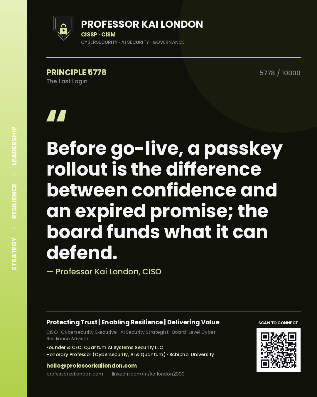 Quote card by Professor Kai London reading 'Before go-live, a passkey rollout is the difference between confidence and an expired promise; the board funds what it can defend.'. From the book The Last Login.
